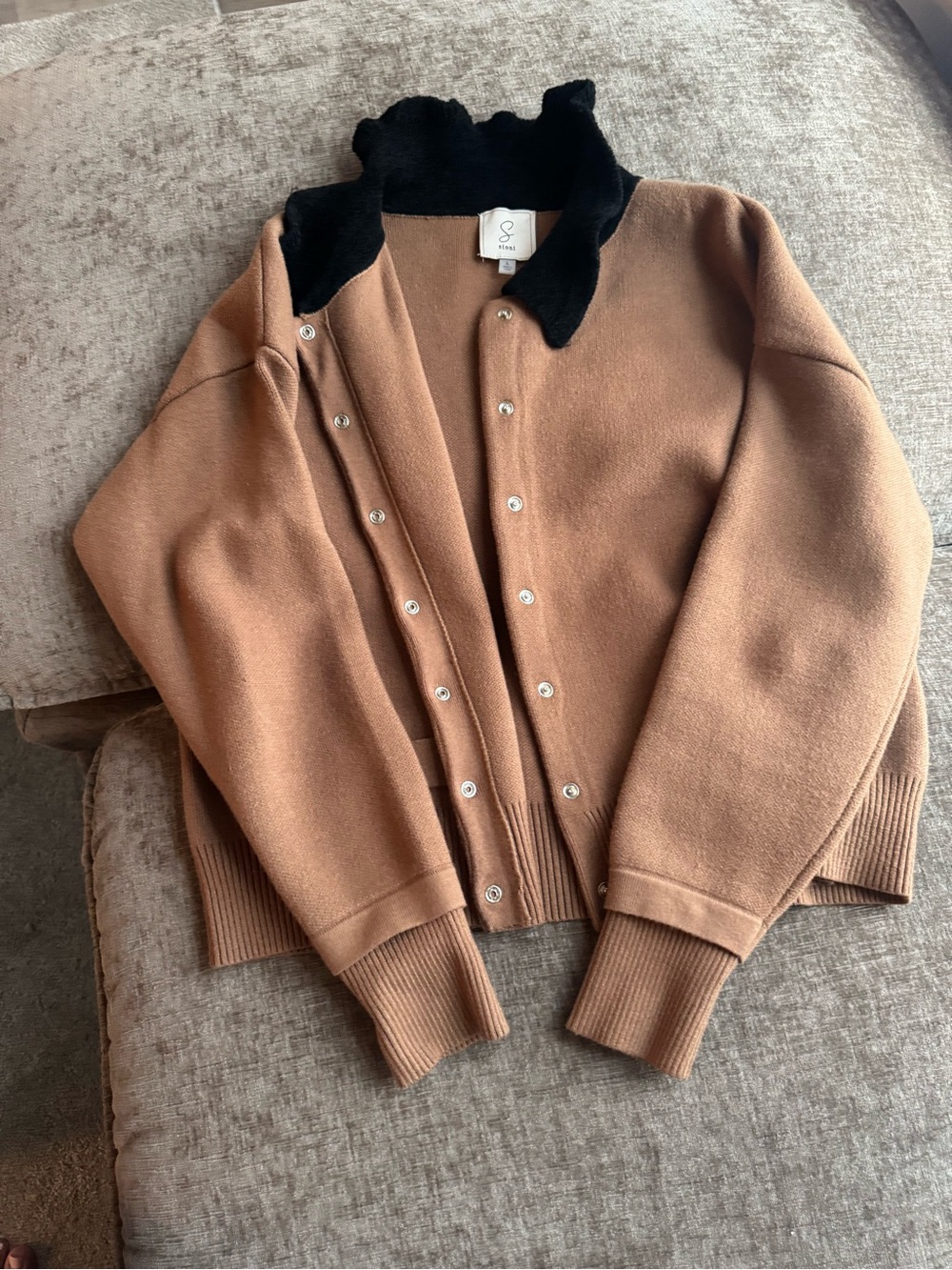 Camel Knit Cardigan with Black Collar